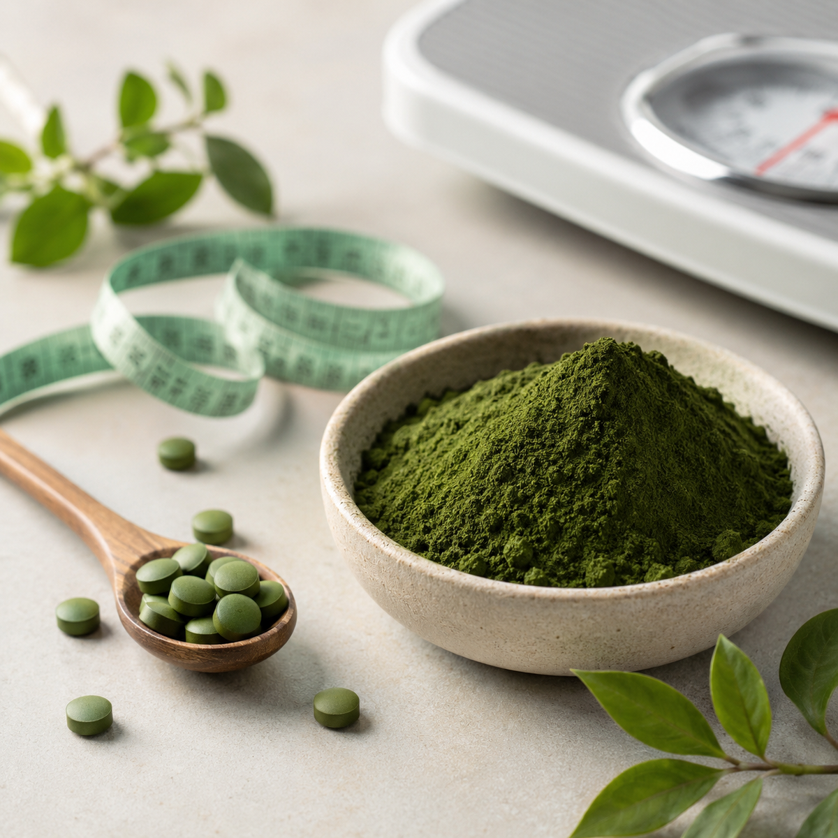 Chlorella por és tabletták mérőszalaggal