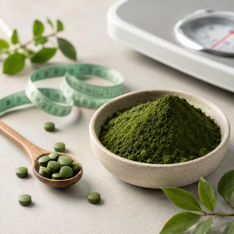 Chlorella por és tabletták mérőszalaggal