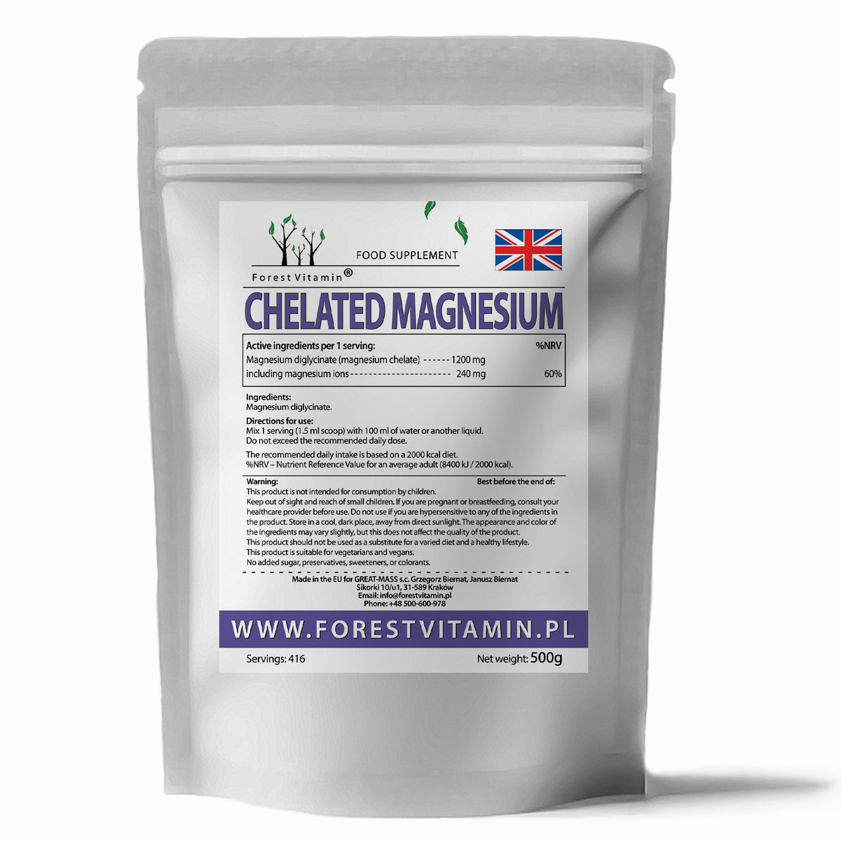 Forest Vitamin - Magnézium-biszglicinát - Kelátos Magnézium (magnézium-diglicinát) – 500 g por