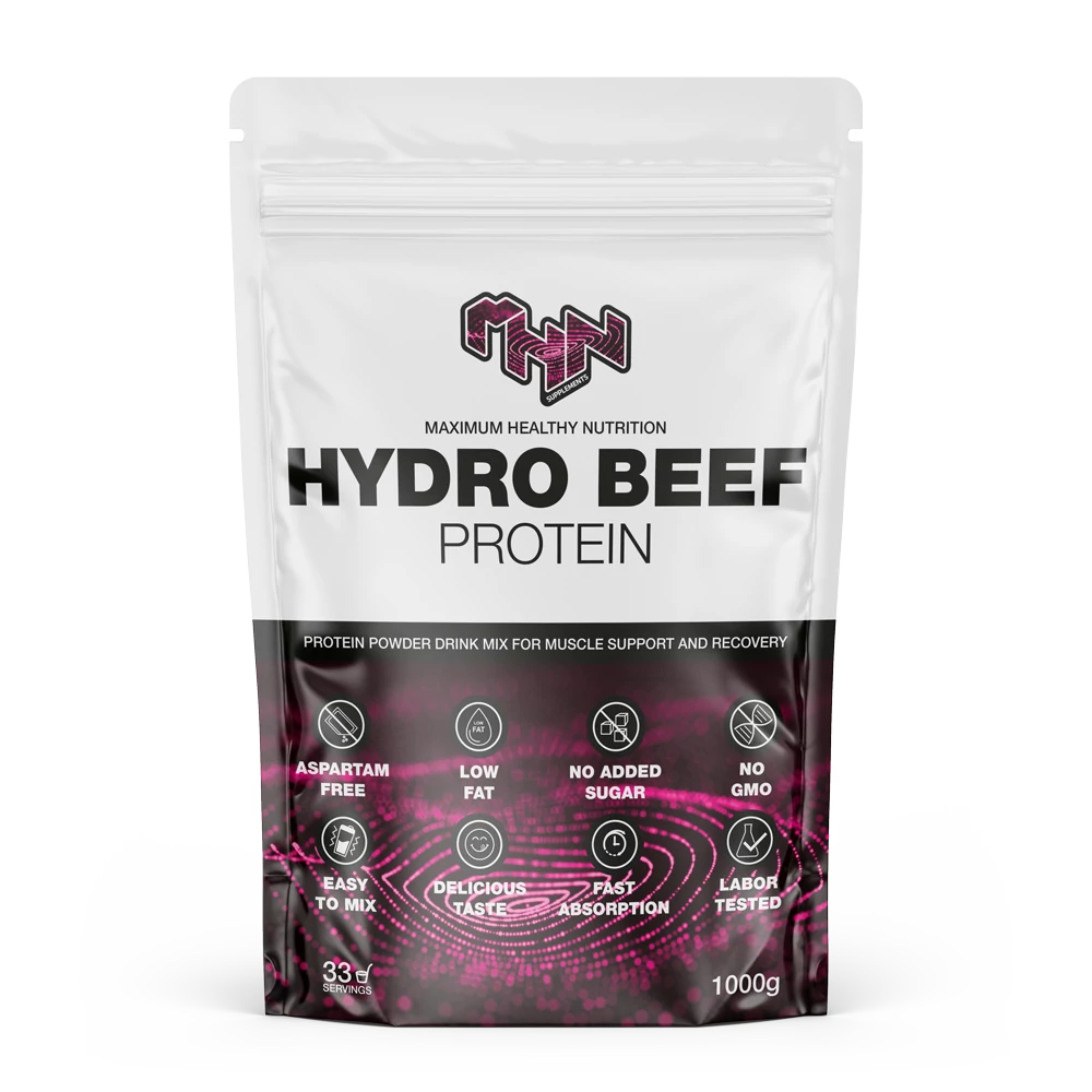 MHN Hydro Beef Protein marhafehérje-por, 1 kg, csokoládé ízű, csomagolás