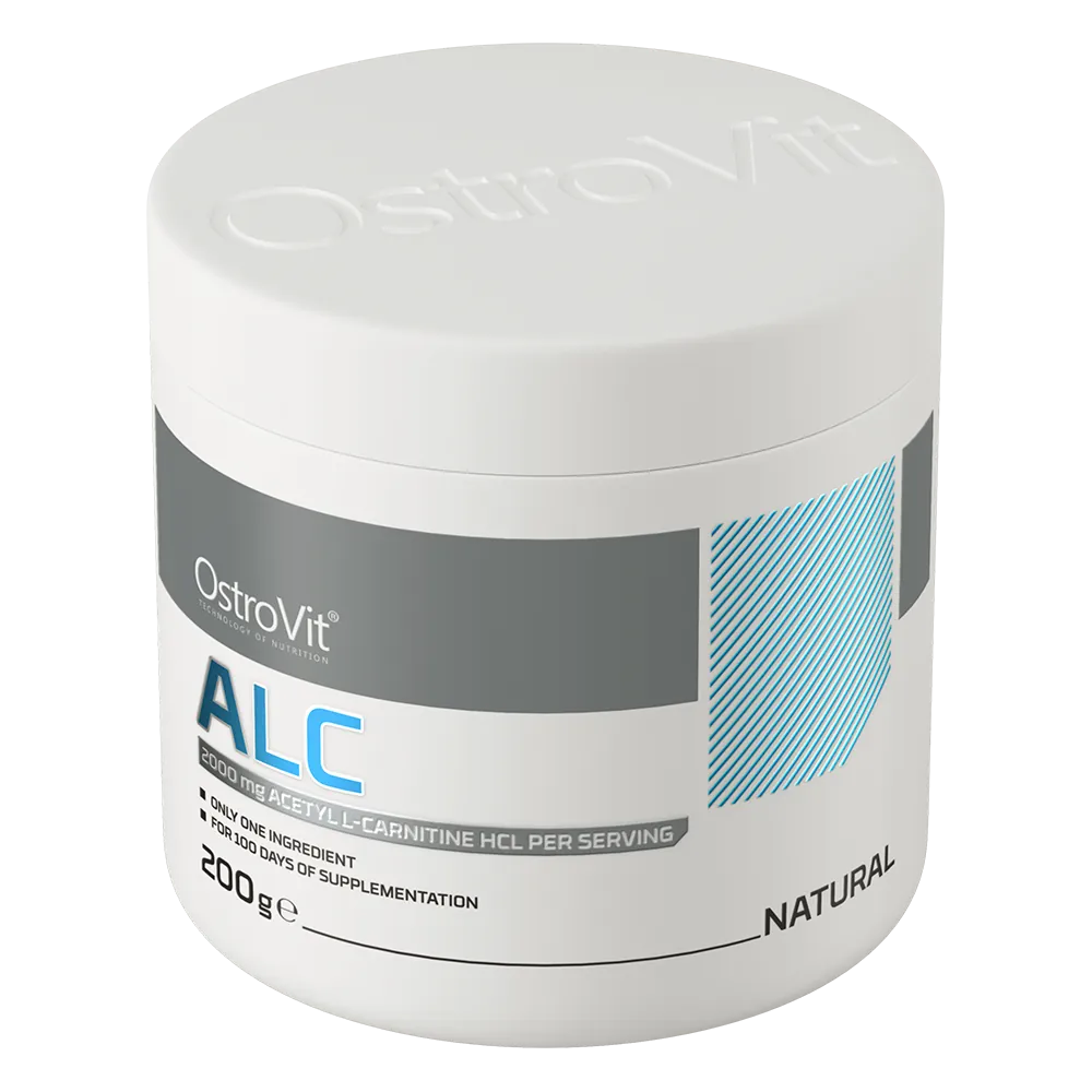 OstroVit Acetil-L-karnitin por, Ízesítetlen, 200 g, ALCAR, csomagolás oldalnézetből