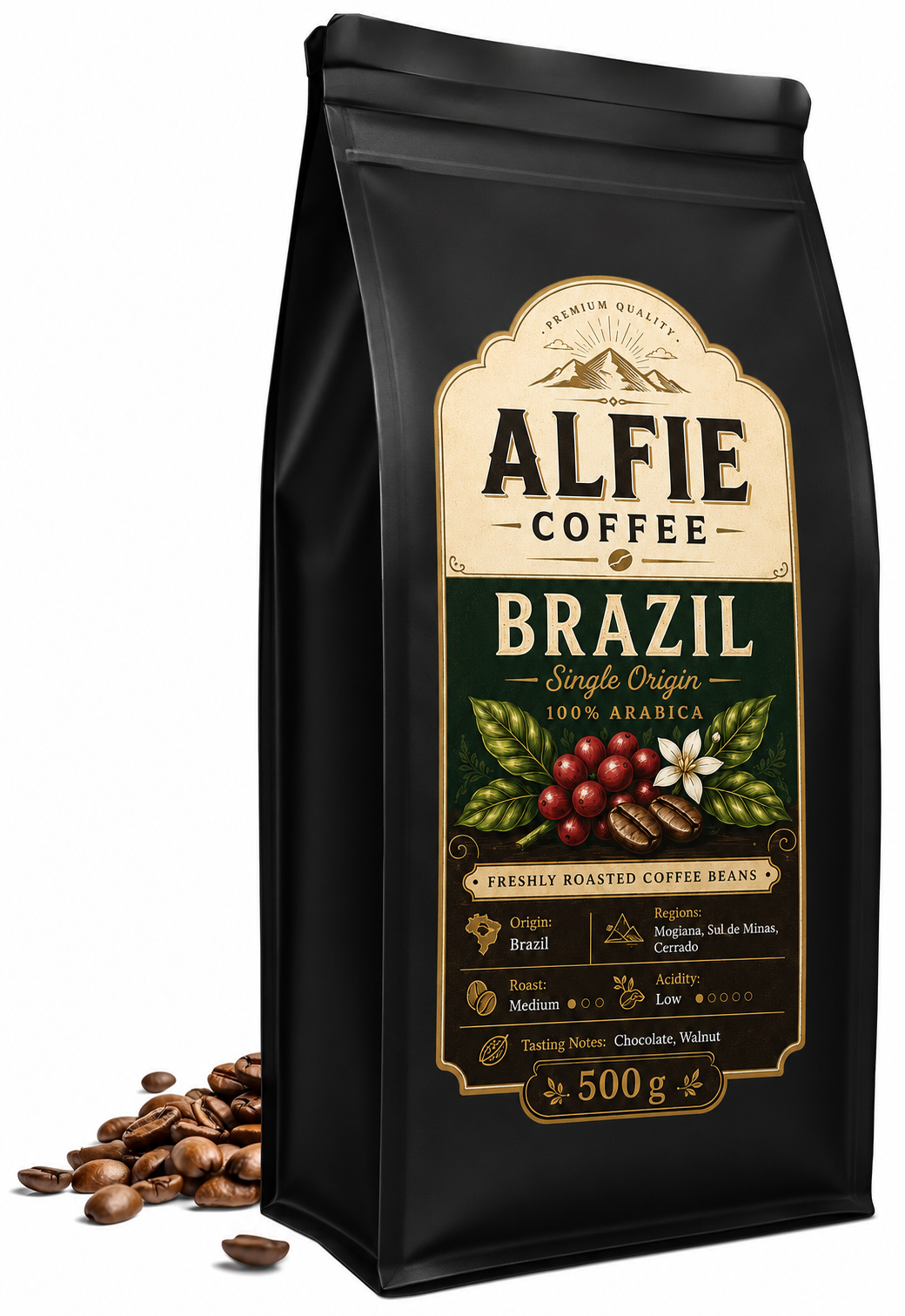 ALFIE COFFEE Brazil 100% arabica szemes kávé, 500 g, csomagolás