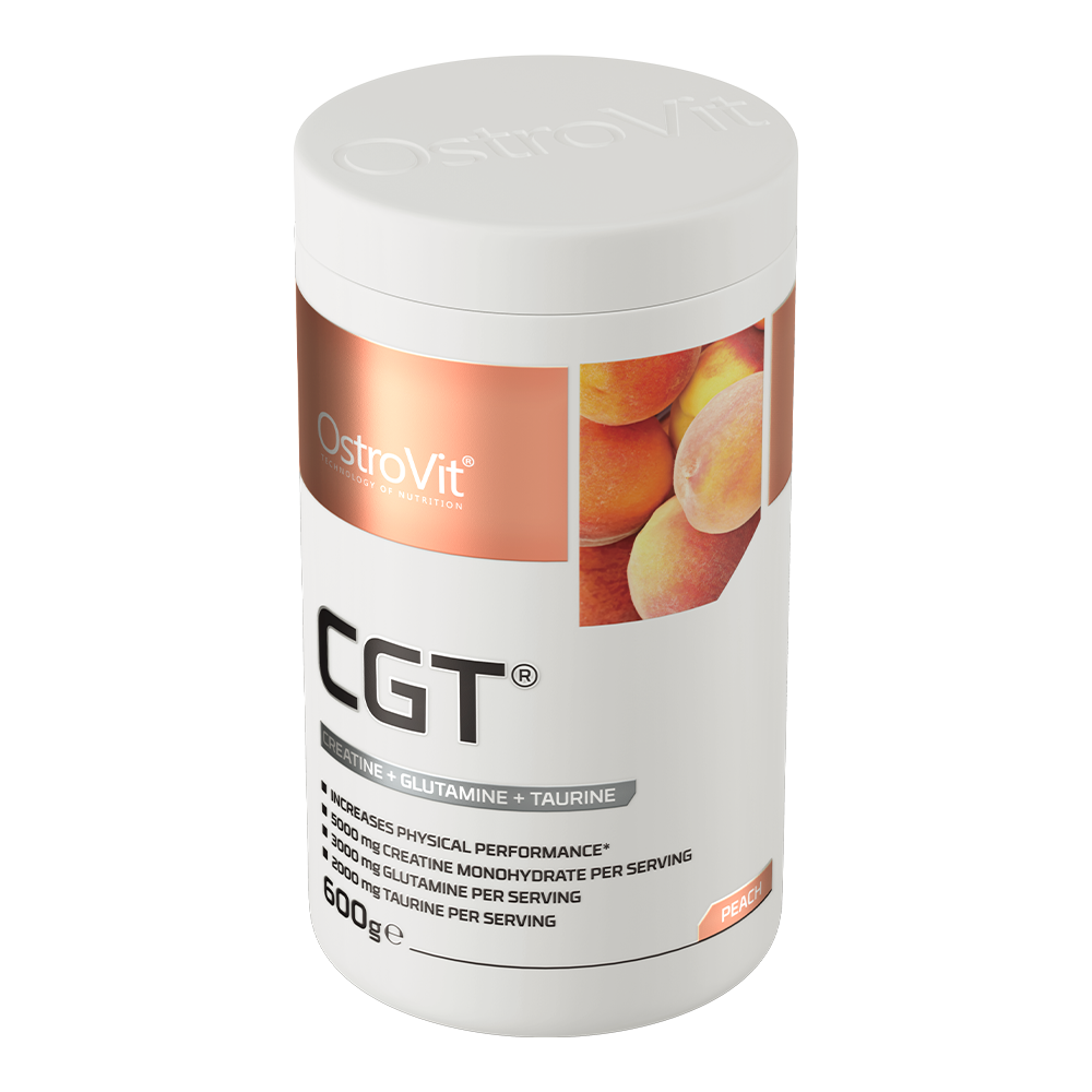 OstroVit CGT Kreatin + glutamin + taurin Barack ízű 600 g, tégely felülről, ferde nézetben