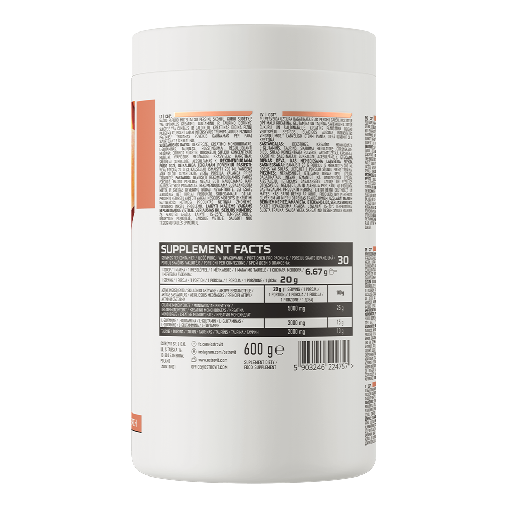 OstroVit Kreatin + Glutamin + Taurin, Barack ízű, 600 g, CGT, hátoldali címke és termékinformációk