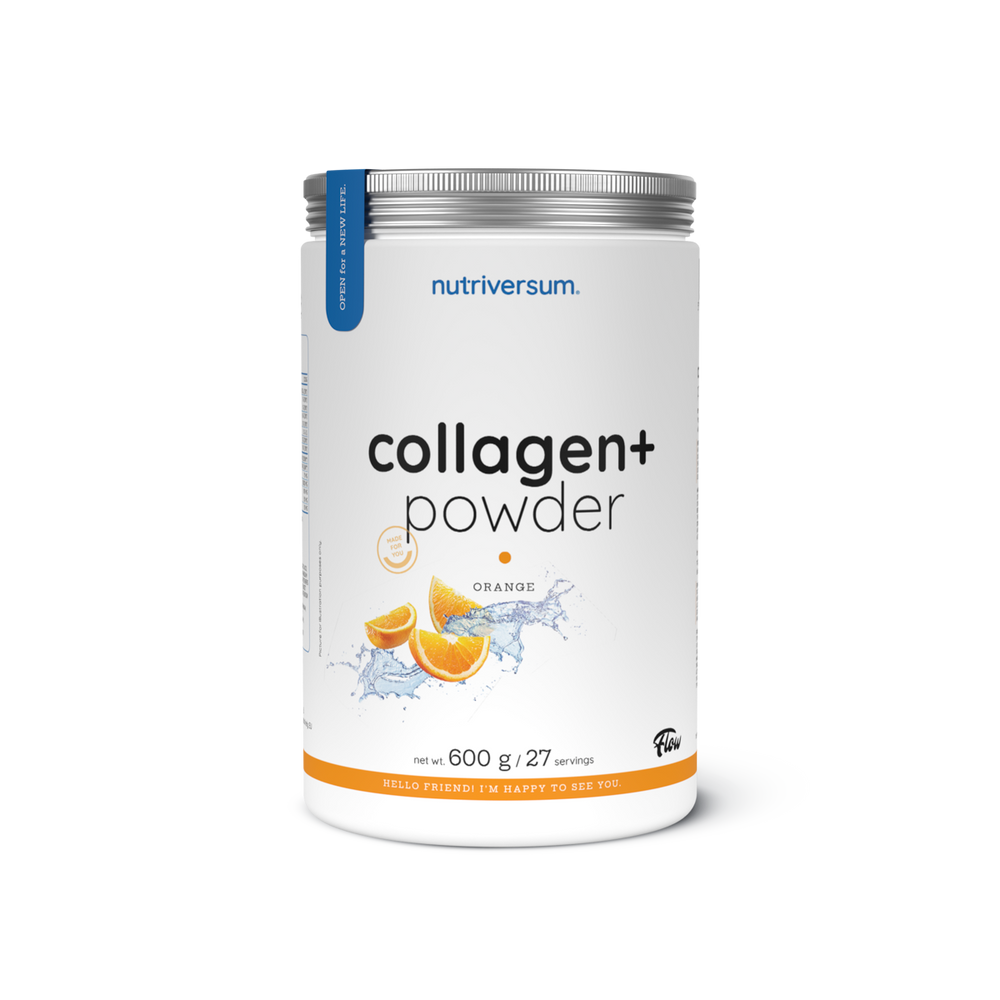 Nutriversum Collagen+ kollagénes italpor Narancs 600 g, doboz elölnézetből