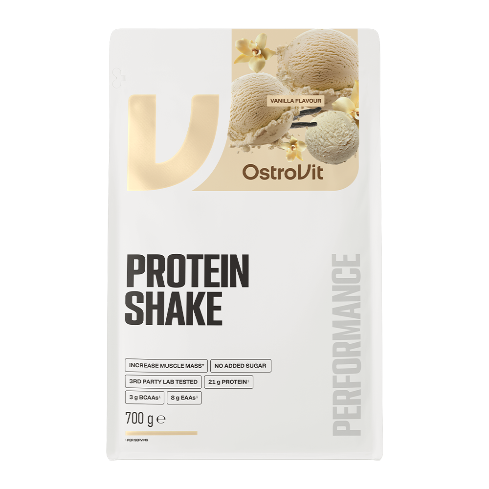 OstroVit Protein Shake fehérjepor, Vanília ízű, 700 g, csomagolás másik nézetből