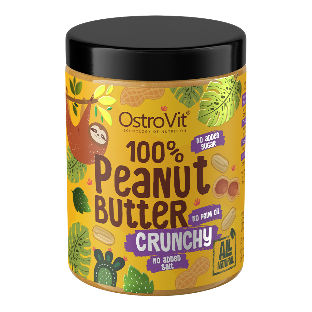 OstroVit Mogyoróvaj crunchy, 1000 g, 100% Peanut Butter, hátoldali címke és termékinformációk