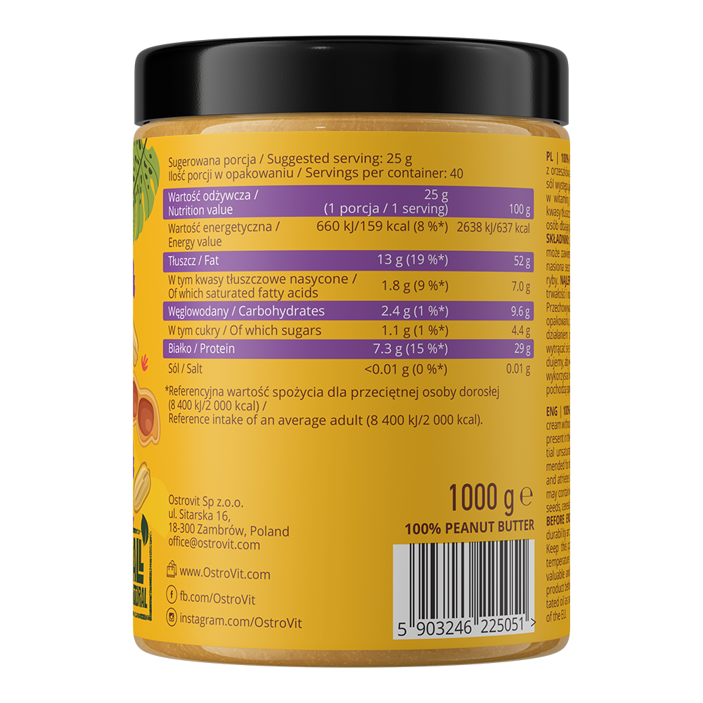 OstroVit Mogyoróvaj crunchy, 1000 g, 100% Peanut Butter, összetevők és adagolási információk