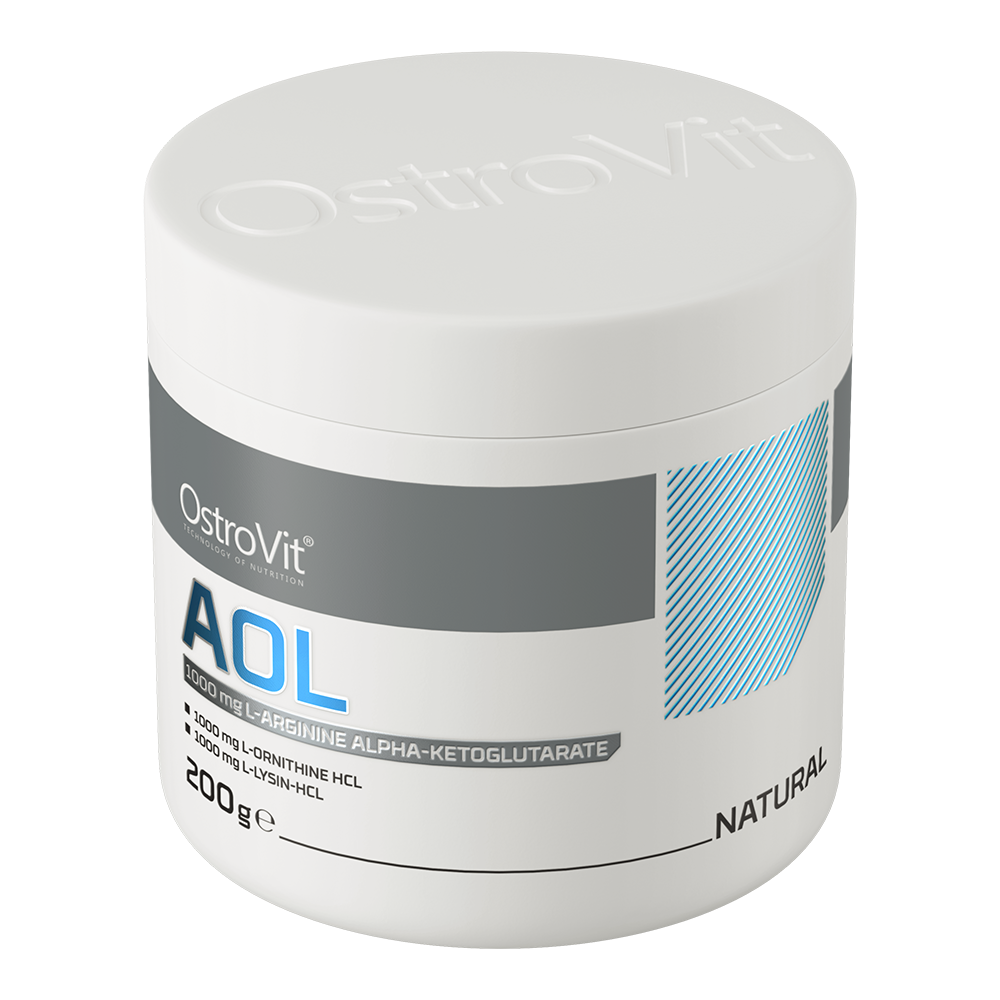 OstroVit AOL Supreme Pure por, 200 g, Arginine-Ornithine-Lysine, hátoldali címke és termékinformációk