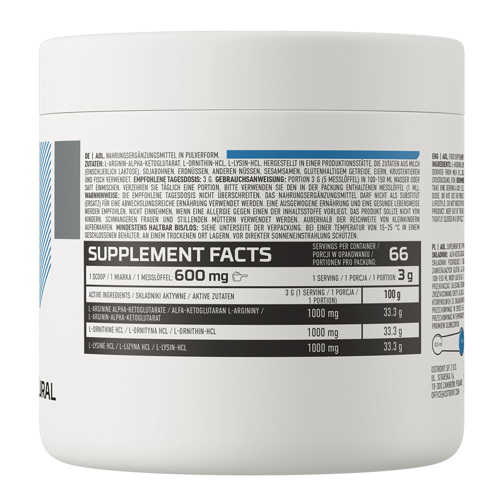 OstroVit AOL Supreme Pure por, 200 g, Arginine-Ornithine-Lysine, összetevők és adagolási információk