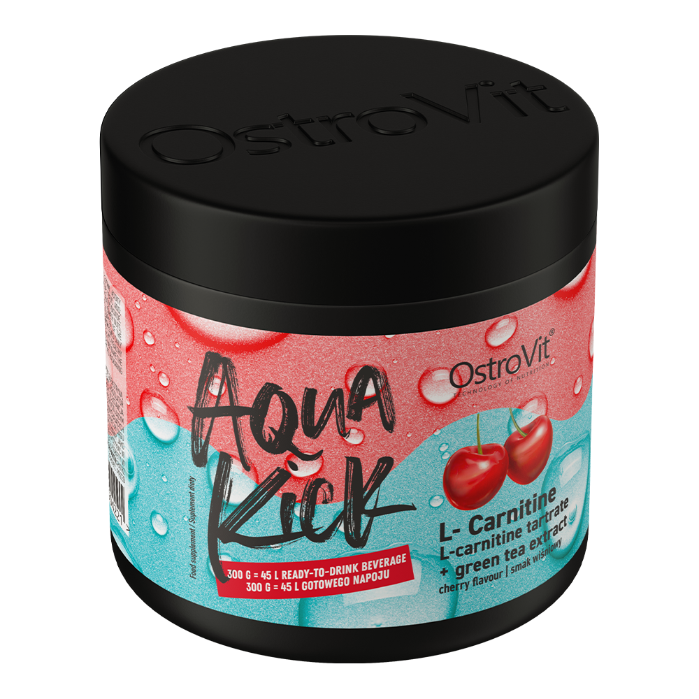OstroVit Aqua Kick L-Carnitine, Cseresznye ízű, 300 g, hátoldali címke és termékinformációk