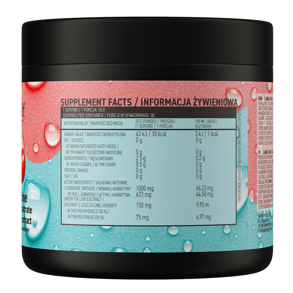OstroVit Aqua Kick L-Carnitine, Cseresznye ízű, 300 g, összetevők és adagolási információk