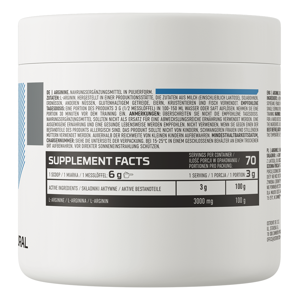 OstroVit L-arginin por, Ízesítetlen, 210 g, összetevők és adagolási információk