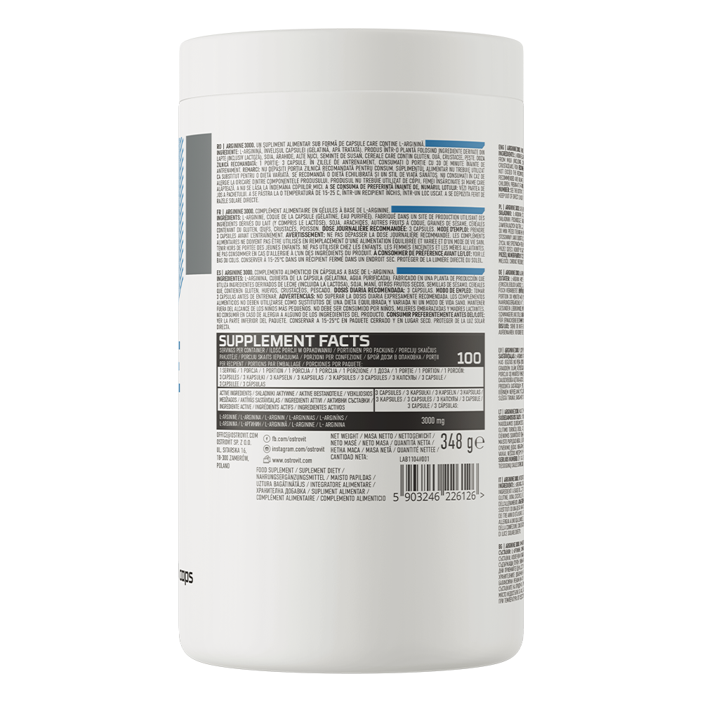 OstroVit L-arginin 3000 mg, 300 kapszula, L-Arginine, összetevők és adagolási információk