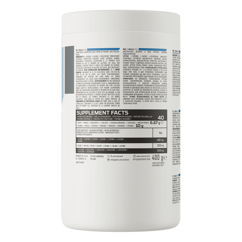 OstroVit BCAA 2:1:1 por, Citrom ízű, 400 g, összetevők és adagolási információk