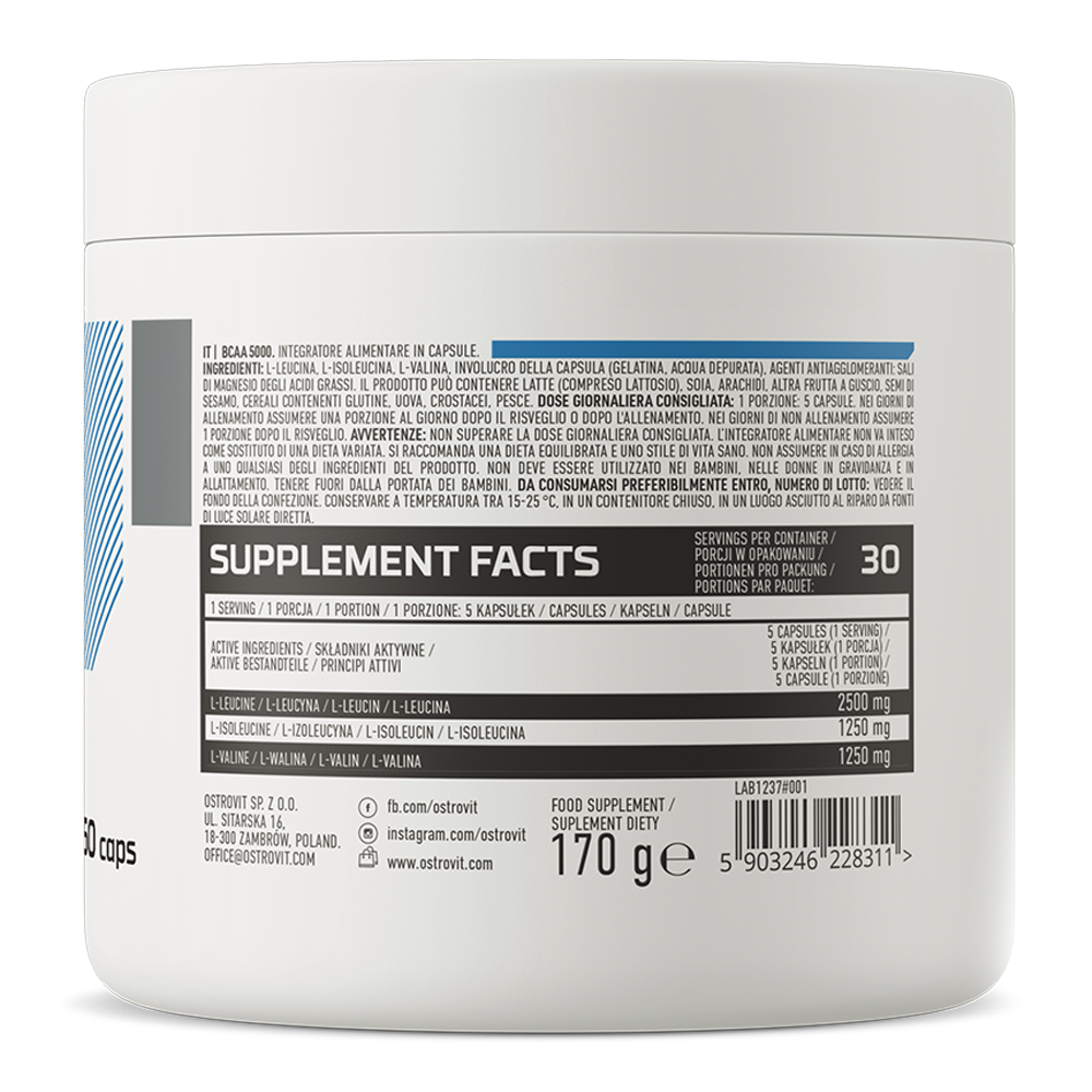OstroVit BCAA 5000 mg, 150 kapszula, összetevők és adagolási információk