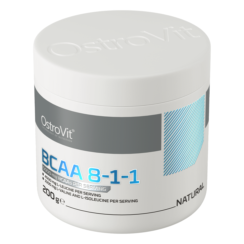 OstroVit BCAA 8-1-1 italpor, Ízesítetlen, 200 g, hátoldali címke és termékinformációk