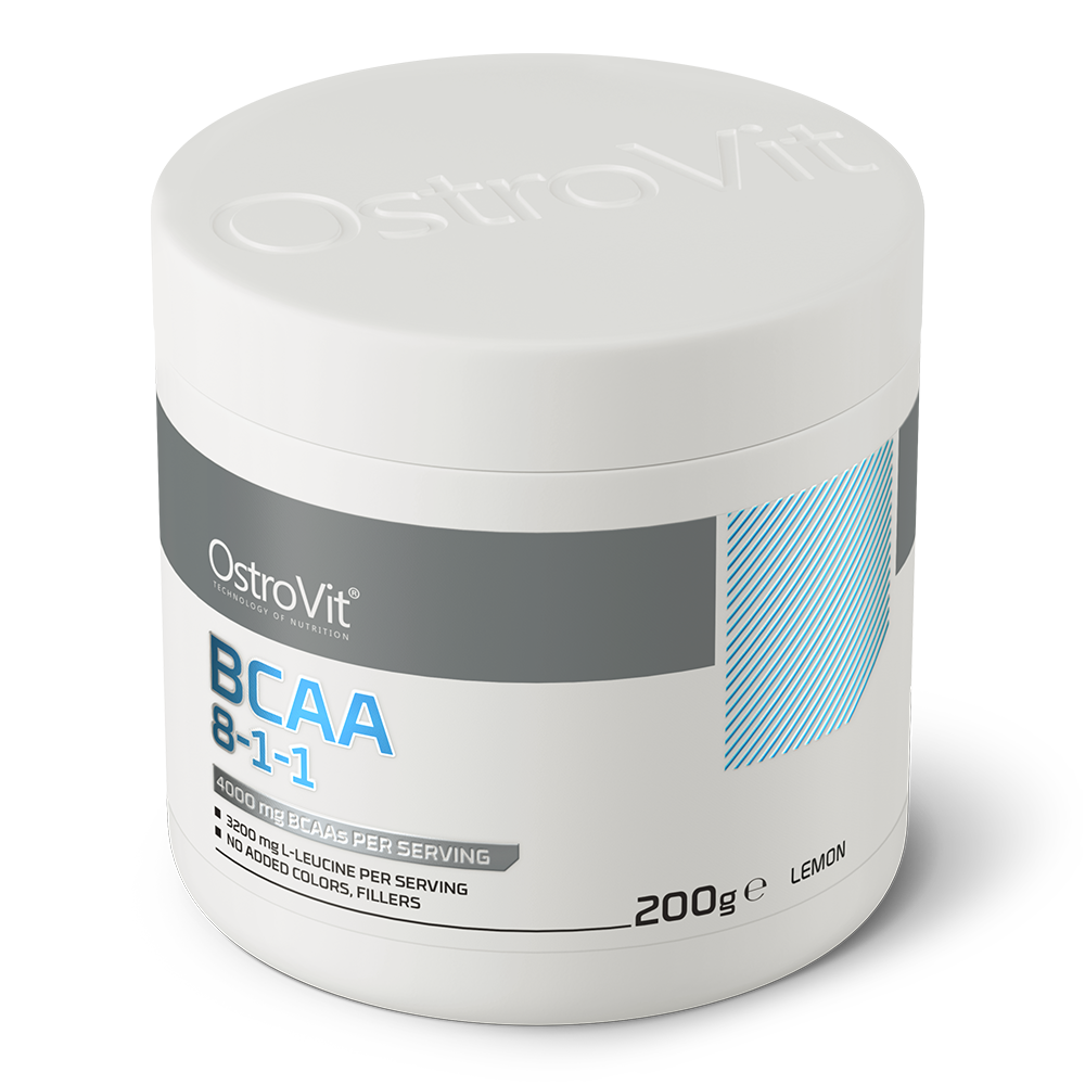 OstroVit BCAA 8-1-1 italpor, Citrom ízű, 200 g, hátoldali címke és termékinformációk
