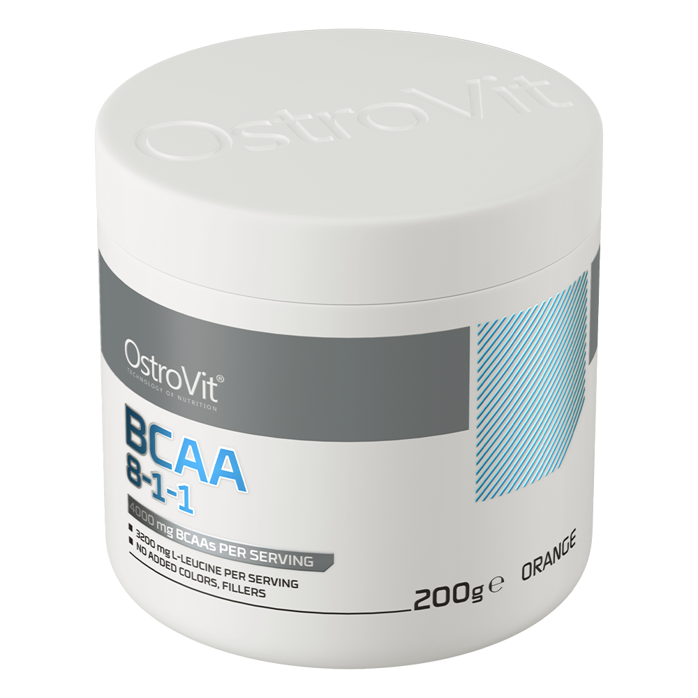 OstroVit BCAA 8-1-1 italpor, Narancs ízű, 200 g, hátoldali címke és termékinformációk