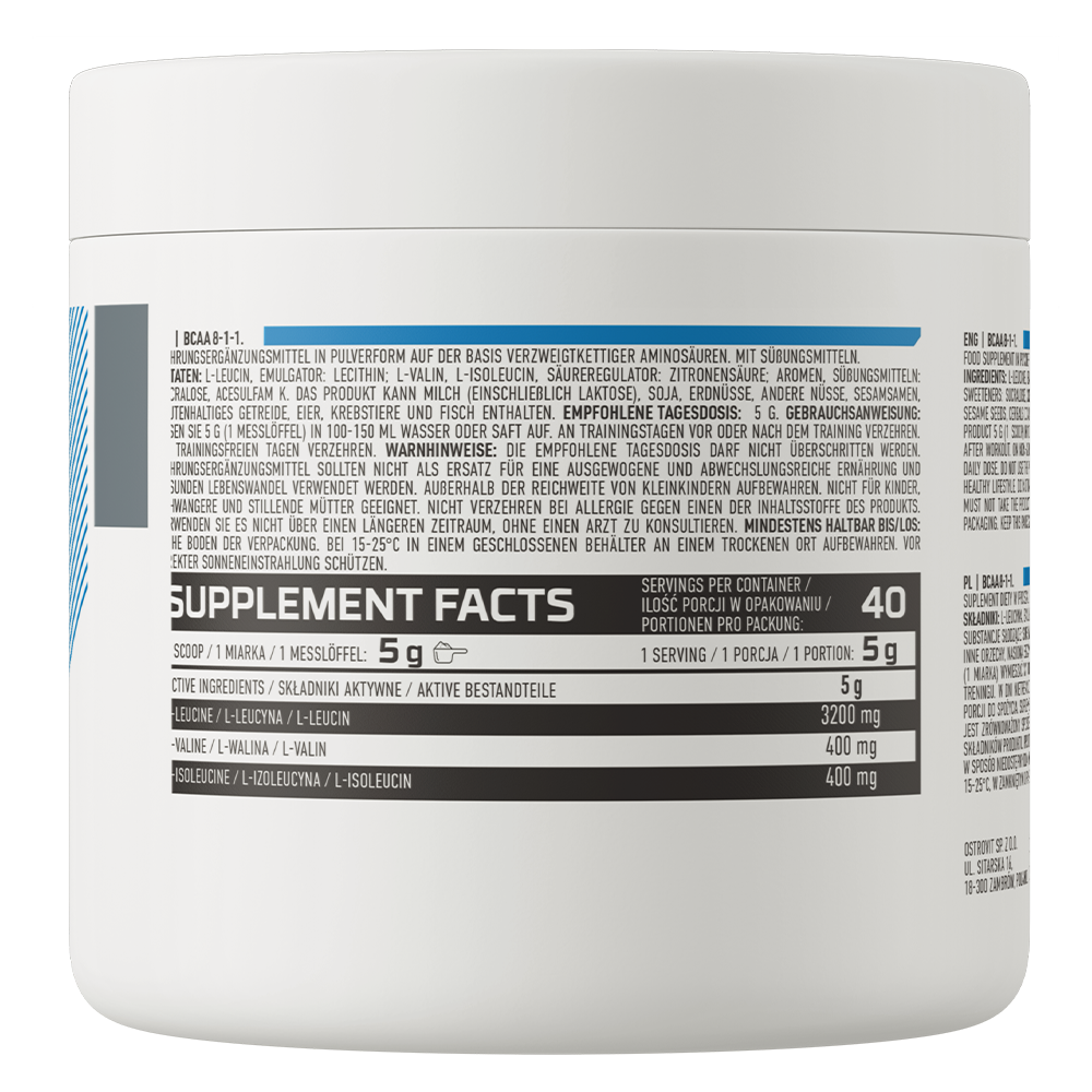 OstroVit BCAA 8-1-1 italpor, Narancs ízű, 200 g, összetevők és adagolási információk