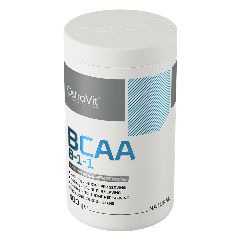 OstroVit BCAA 8-1-1 italpor, Ízesítetlen, 400 g, hátoldali címke és termékinformációk