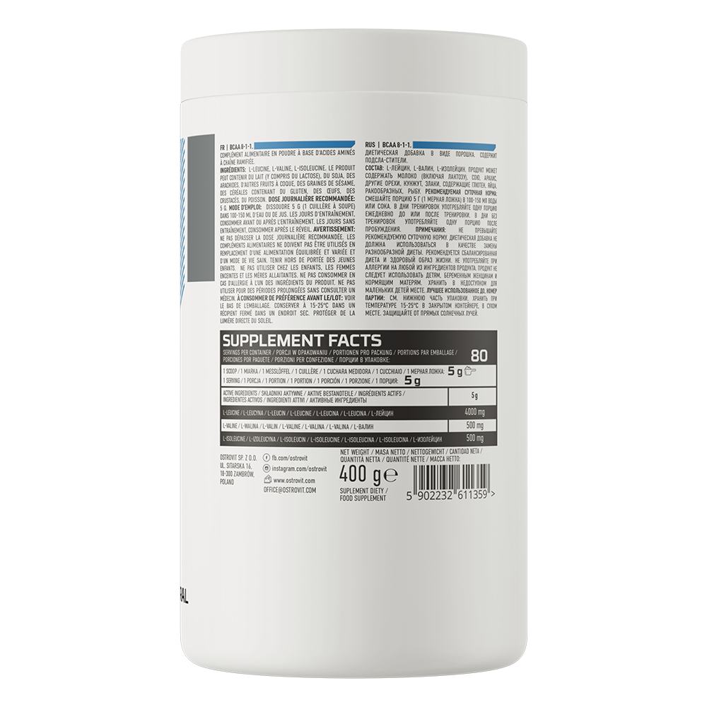 OstroVit BCAA 8-1-1 italpor, Ízesítetlen, 400 g, összetevők és adagolási információk
