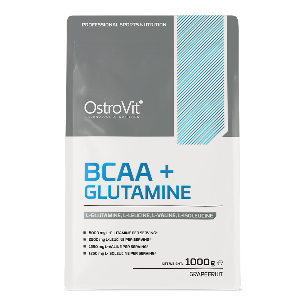 OstroVit BCAA + Glutamin italpor, Grapefruit ízű, 1000 g, hátoldali címke és termékinformációk