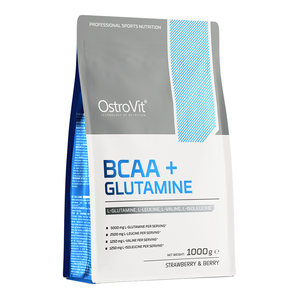 OstroVit BCAA + Glutamin italpor, Eper-erdei gyümölcs ízű, 1000 g, elülső csomagolás