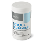 OstroVit BCAA + Glutamin por, Citrom ízű, 500 g, hátoldali címke és termékinformációk