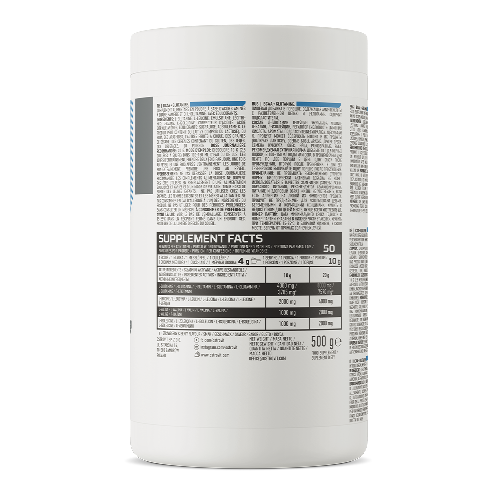 OstroVit BCAA + Glutamin por, Citrom ízű, 500 g, összetevők és adagolási információk