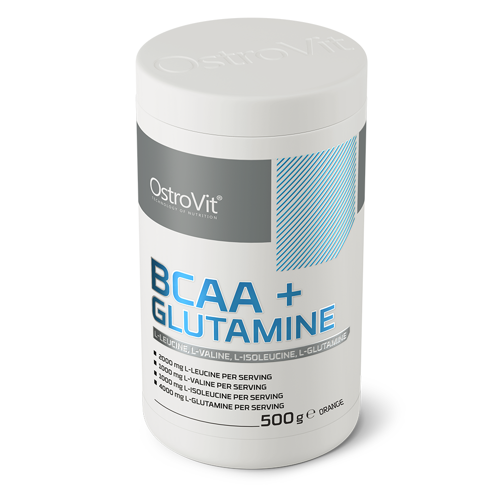 OstroVit BCAA + Glutamin por, Narancs ízű, 500 g, hátoldali címke és termékinformációk