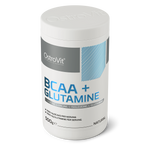 OstroVit BCAA + Glutamin por, 500 g, hátoldali címke és termékinformációk