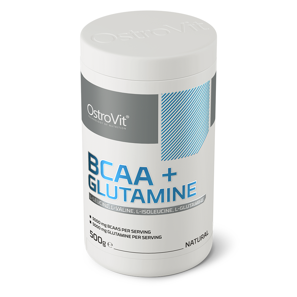 OstroVit BCAA + Glutamin por, 500 g, hátoldali címke és termékinformációk