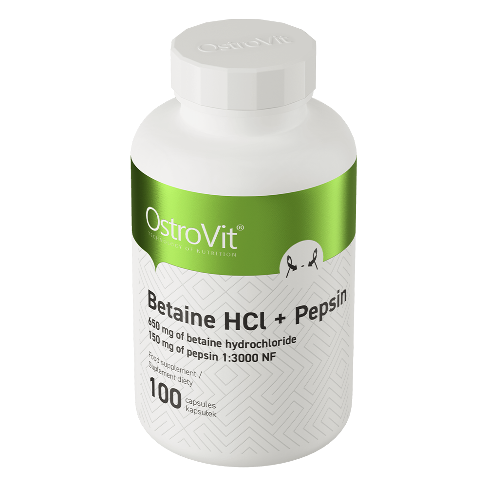 OstroVit Betain HCl + Pepszin, 100 kapszula, Betaine HCl + Pepsin, hátoldali címke és termékinformációk