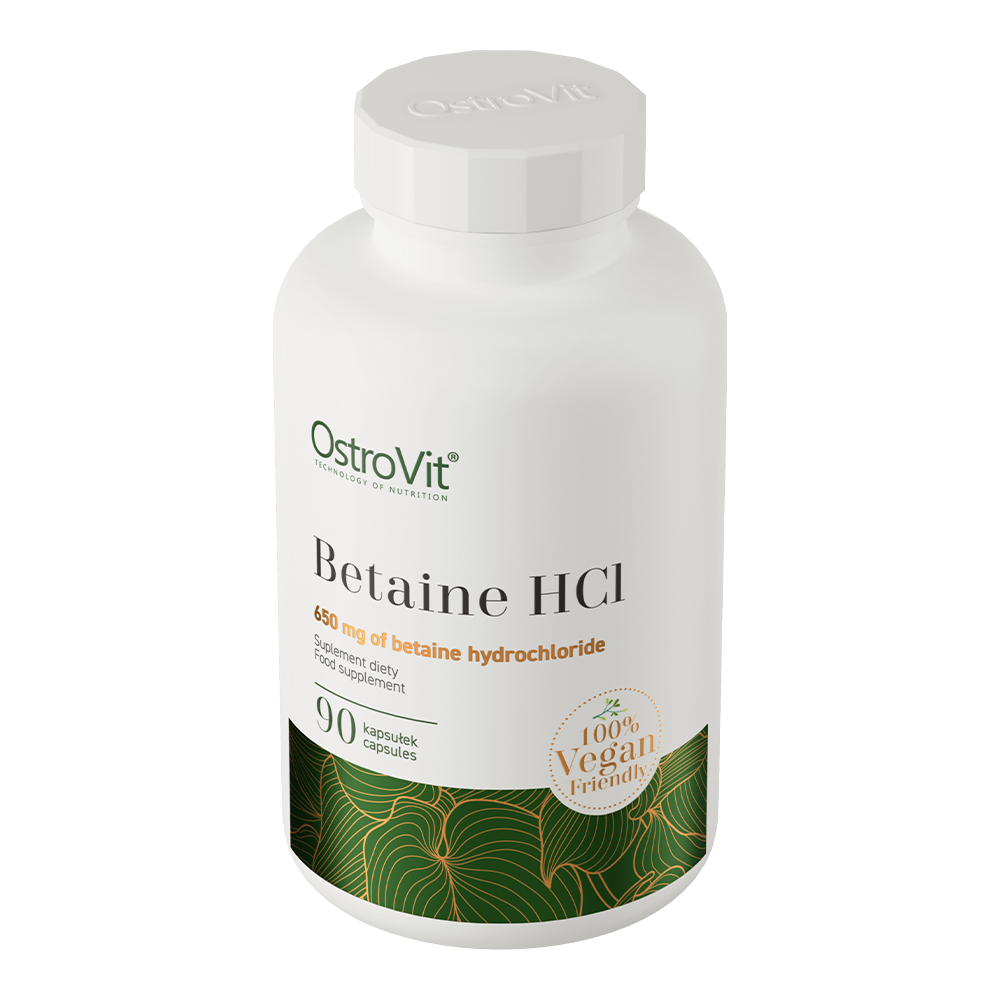 OstroVit Betain HCl 650 mg vegán, 90 kapszula, Betaine HCl, hátoldali címke és termékinformációk