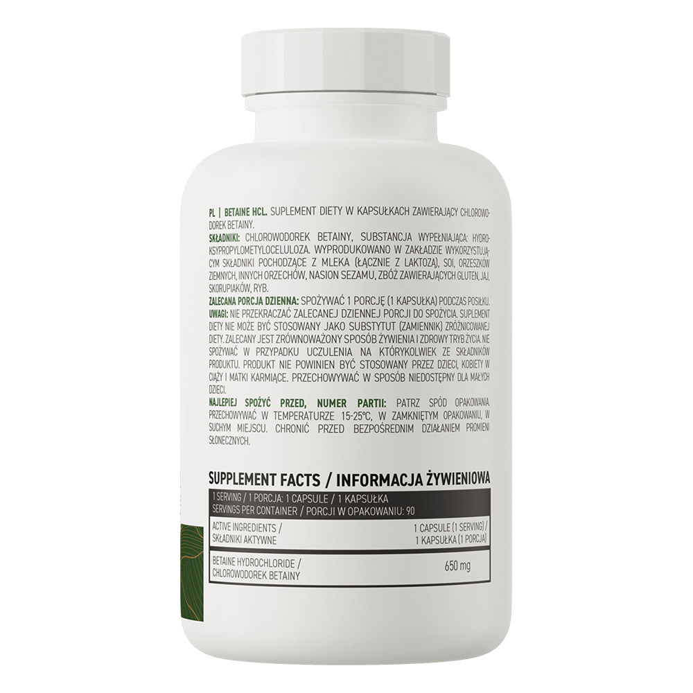 OstroVit Betain HCl 650 mg vegán, 90 kapszula, Betaine HCl, összetevők és adagolási információk