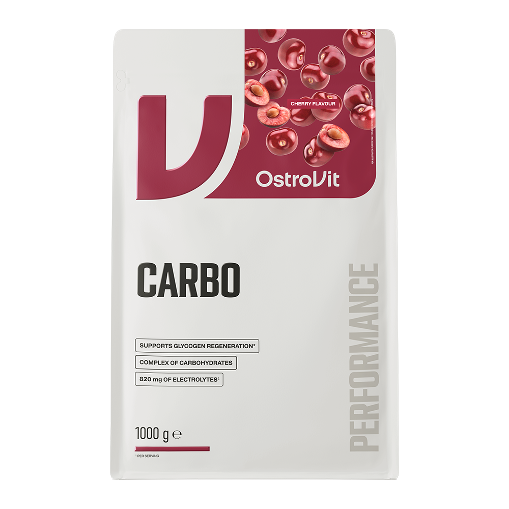 OstroVit Carbo szénhidrátpor, Cseresznye ízű, 1000 g, hátoldali címke és termékinformációk