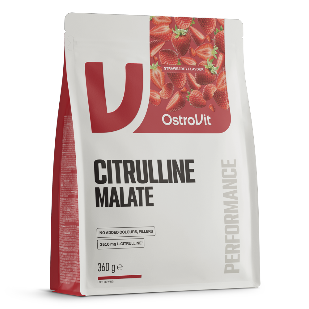 OstroVit Citrulline 360 g, eper ízű citrullin-malát por, csomagolás elölről