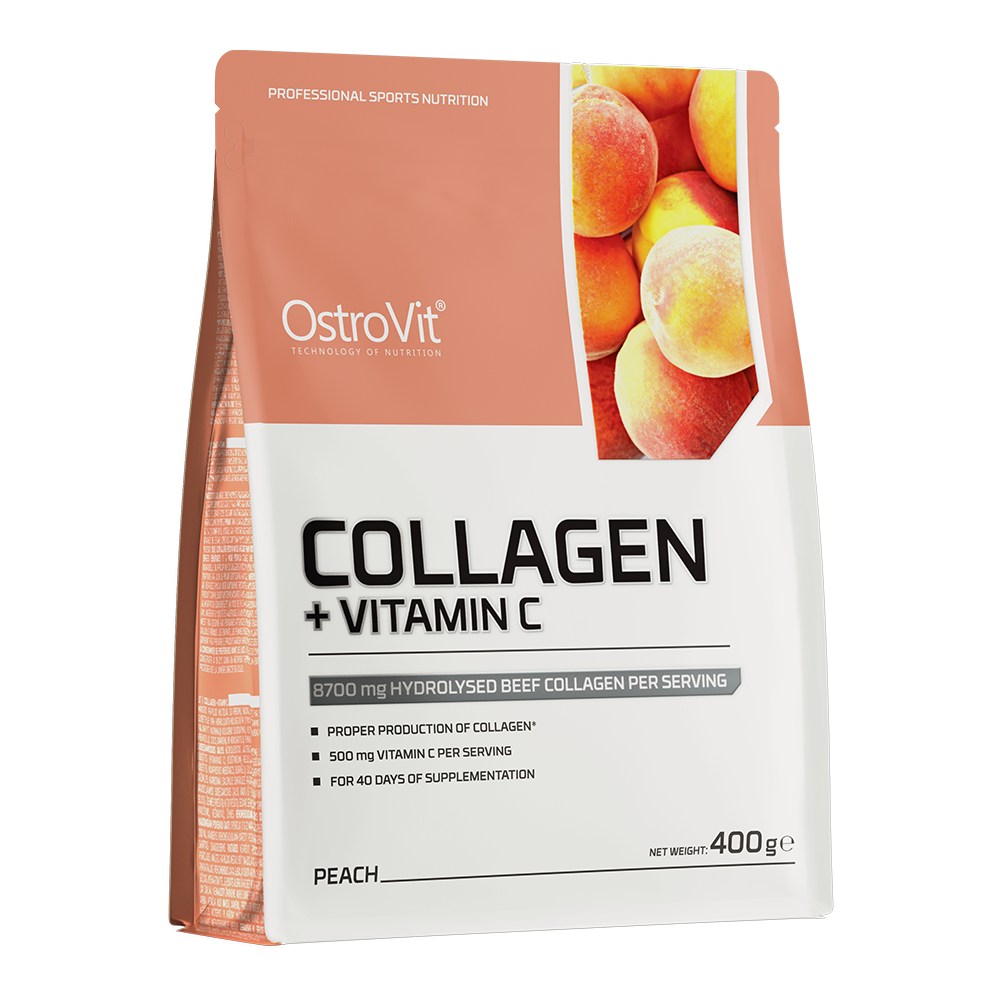 OstroVit Kollagén + C-vitamin por, 400 g, barack ízű változat, elülső csomagolás