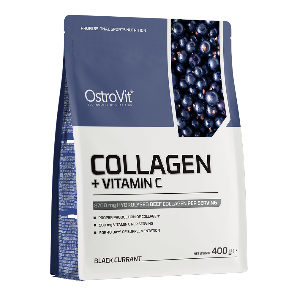 OstroVit Kollagén + C-vitamin por, 400 g, feketeribizli ízű változat, elülső csomagolás