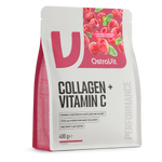 OstroVit Kollagén + C-vitamin por, 400 g, málna-menta ízű változat, elülső csomagolás