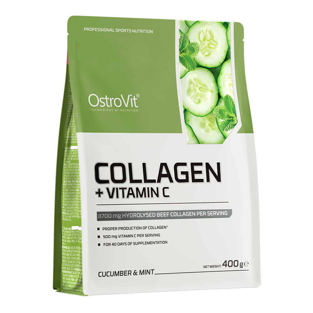 OstroVit Kollagén + C-vitamin por, 400 g, Collagen Vitamin C, Uborka-menta ízű változat, elülső csomagolás