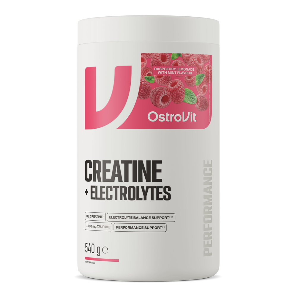 OstroVit – Creatine + Electrolytes – Kreatin elektrolitokkal – Málna-limonádé-menta – 540 g – csomagolás