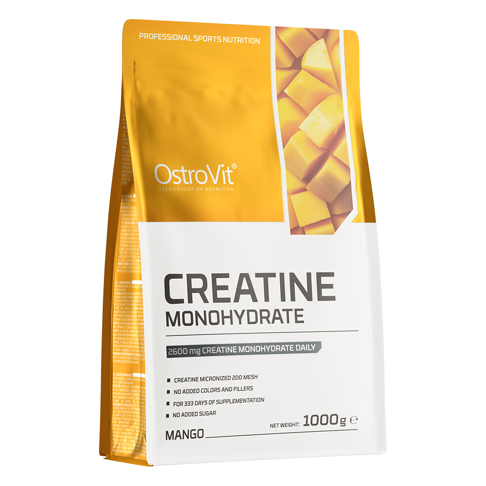 OstroVit Kreatin-monohidrát por, 1000 g, mangó ízű változat, elülső csomagolás