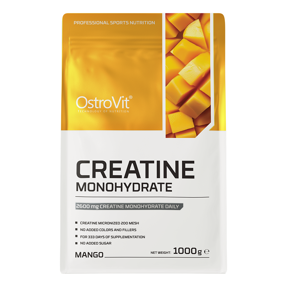OstroVit Kreatin-monohidrát por, 1000 g, mangó ízű változat, hátoldali címke