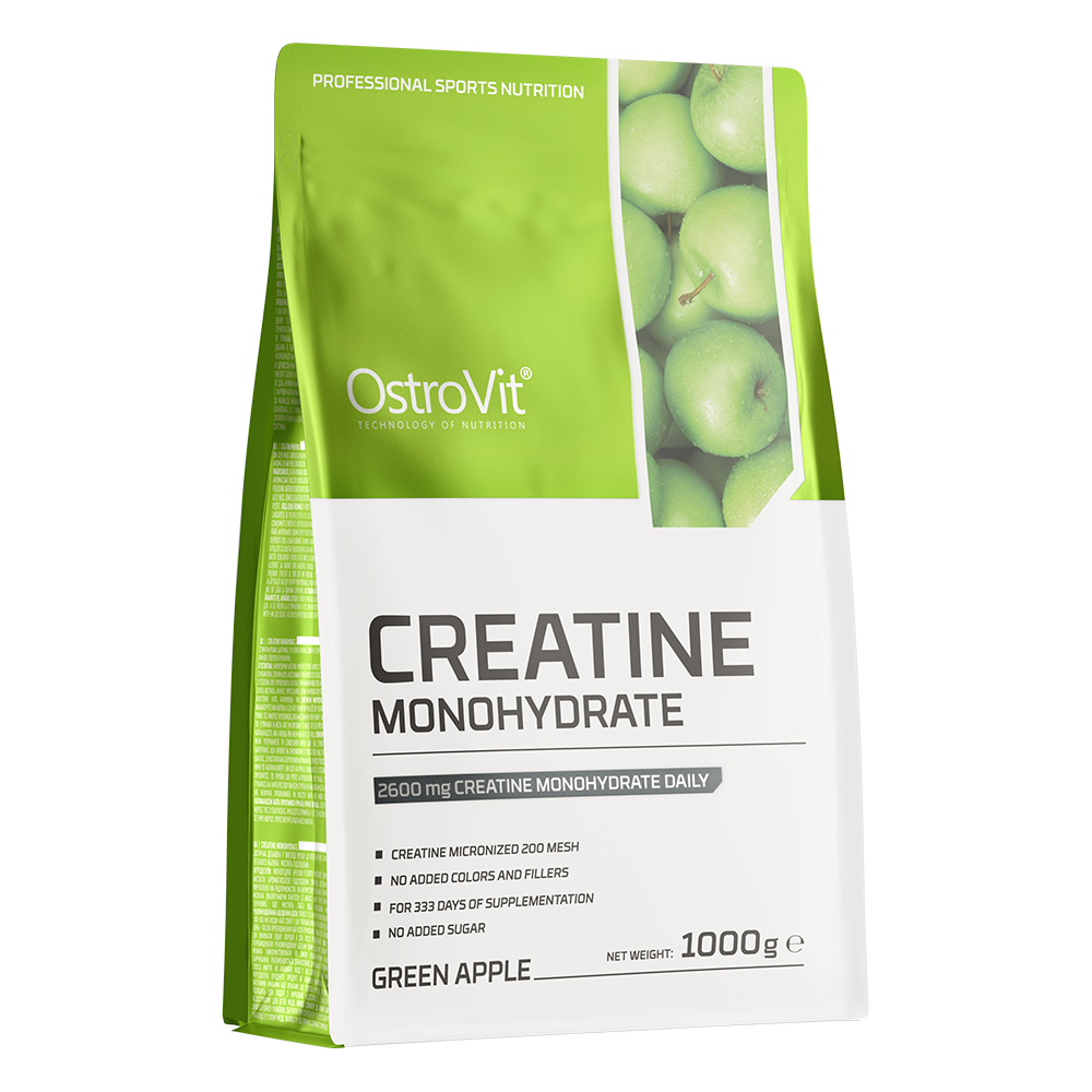 OstroVit Kreatin-monohidrát por, 1000 g, zöld alma ízű változat, elülső csomagolás