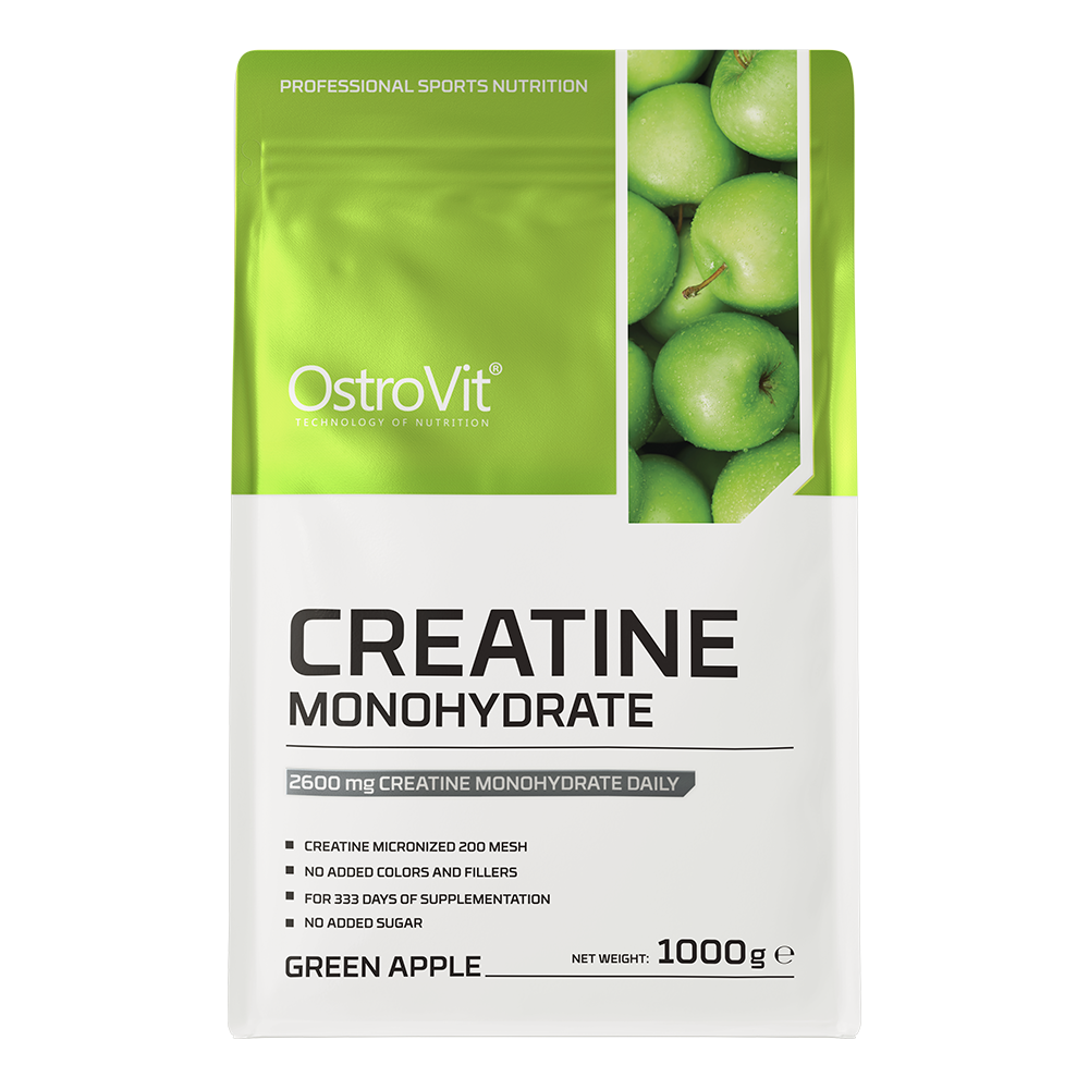 OstroVit Kreatin-monohidrát por, 1000 g, zöld alma ízű változat, hátoldali címke