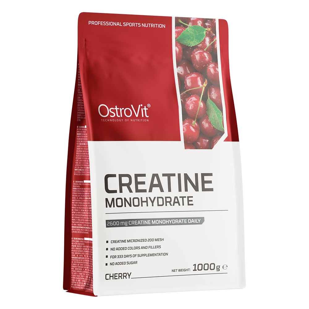 OstroVit Kreatin-monohidrát por, 1000 g, cseresznye ízű változat, elülső csomagolás