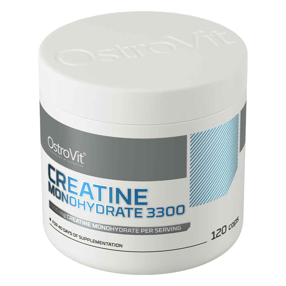 OstroVit Kreatin-monohidrát 3300 mg, 120 kapszula, Creatine Monohydrate, hátoldali címke és termékinformációk