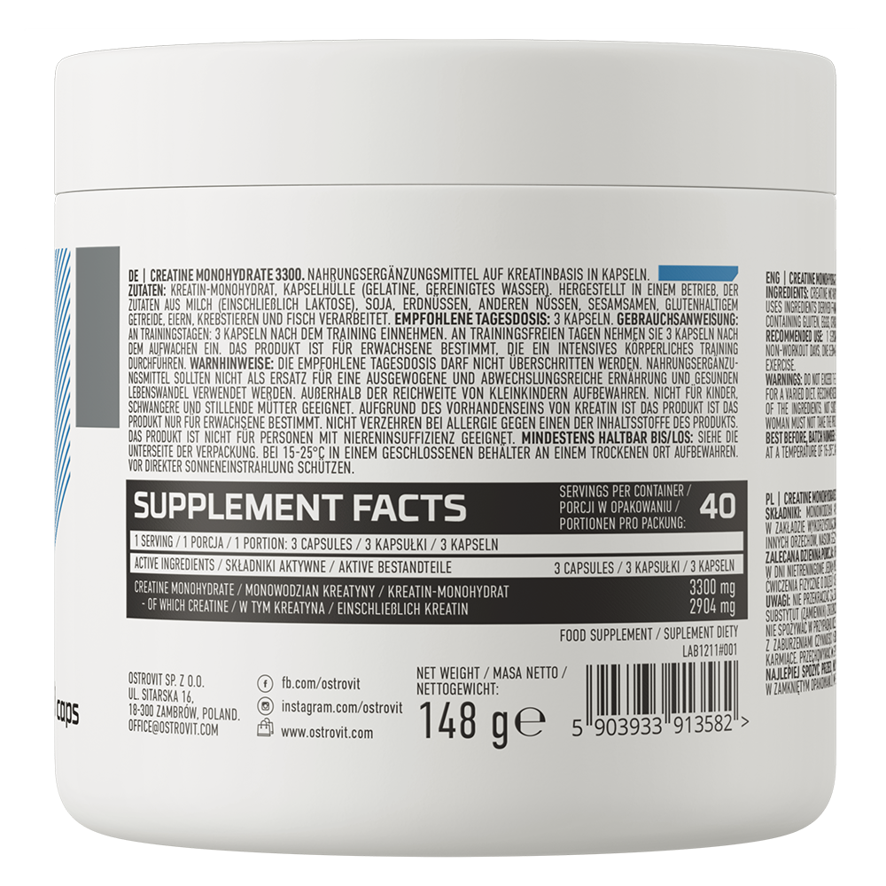OstroVit Kreatin-monohidrát 3300 mg, 120 kapszula, Creatine Monohydrate, összetevők és adagolási információk